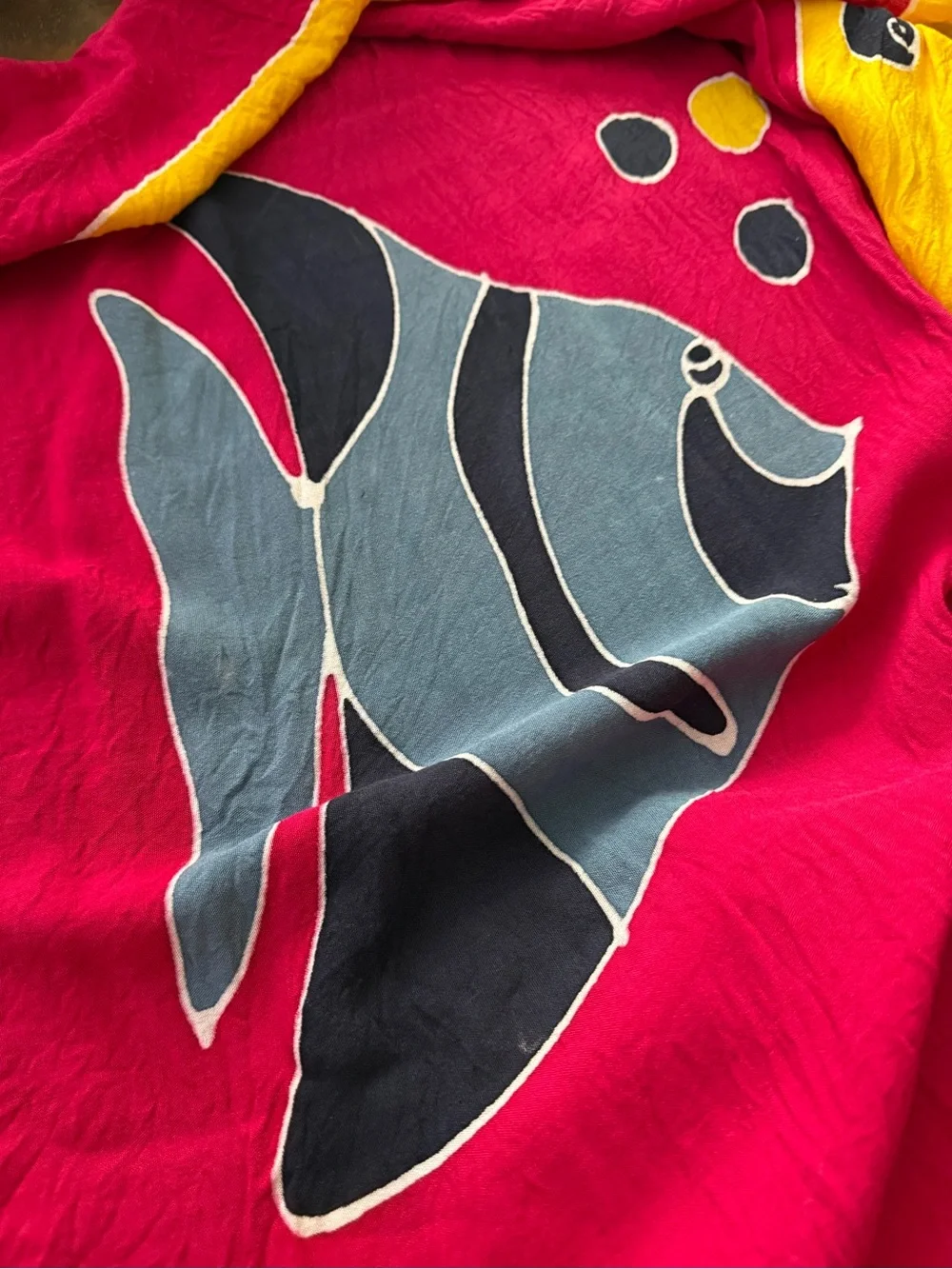 Vibrant Yellow, Pink & Navy Lightweight Patterned Scarf with Fish